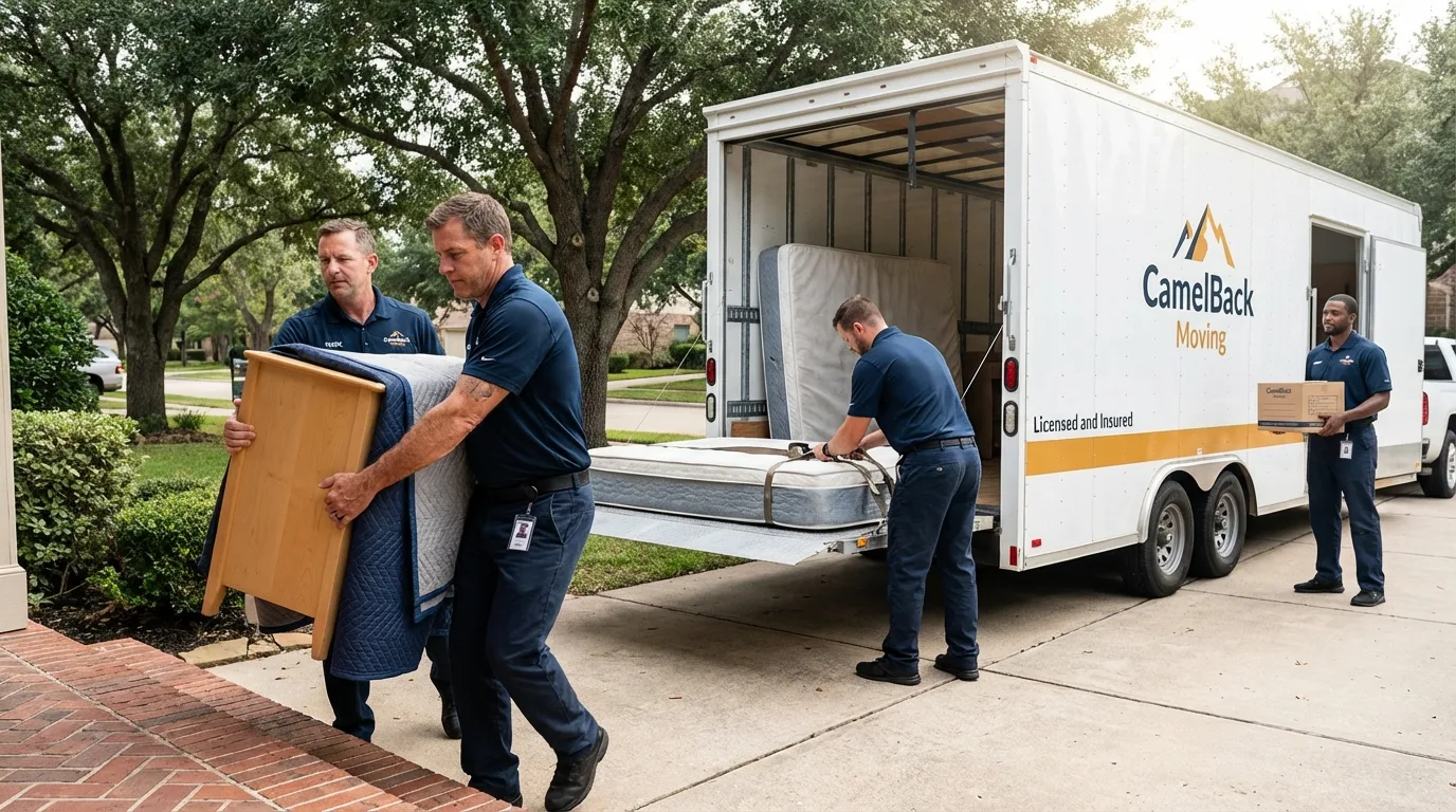 Crew loading residential truck for cross-state move from Beeville, TX