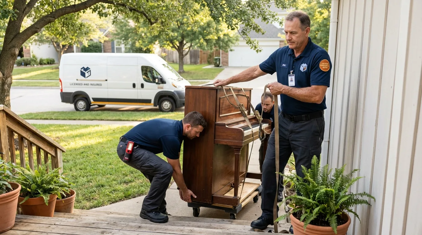 Licensed piano movers securing grand piano in Beeville, TX