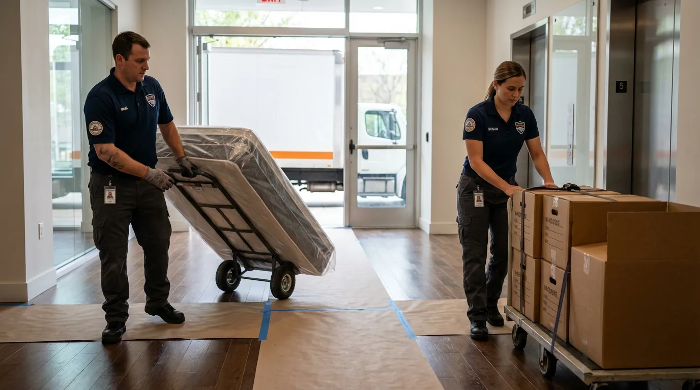 Professional apartment movers loading elevator in Beeville, TX